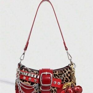 Red Leopard-Accent Shoulder Bag with Buckle & Charm